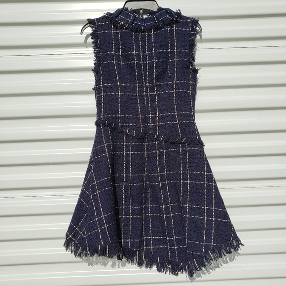 Onebuye Tweed Asymmetrical Sleeveless Raw Hem Blue Plaid Dress - Picture 10 of 14